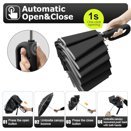 PALAY® 50 Inch Large Umbrella with Reflective Strip Auto 3-Fold Compact Travel Carabiner Handle Reinforced 10 Dual Ribs Sun Protection 99 Percent UV Rain Windproof for Men Women Black 2PCS PALAY® 50 Inch Large Umbrella with Reflective Strip Auto 3-Fold Compact Travel Carabiner Handle Reinforced 10 Dual Ribs Sun Protection 99 Percent UV Rain Windproof for Men Women Black 2PCS